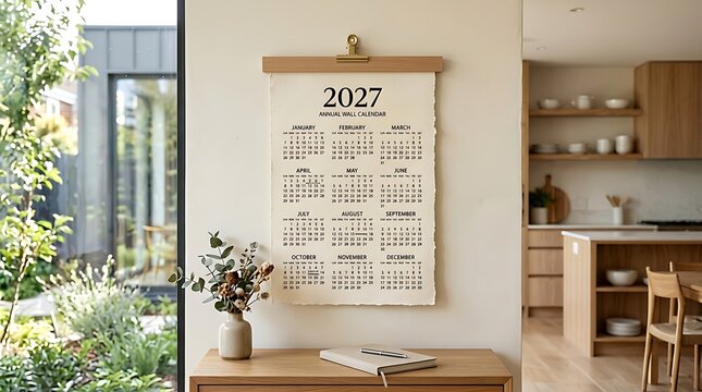 Chic home interior with kitchen area and 2027 annual planner calendar on wall.