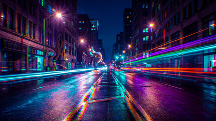 City street at night with light trails and wet reflections © Vu