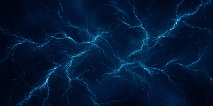 Lightning Storm in Night Sky with Electric Blue Thunderbolts and Rainy Weather Background Texture