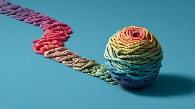 Colorful yarn transforming from tangled strands into an organized ball symbolizes emotional healing, mental health, stress relief, resilience, therapy and personal growth