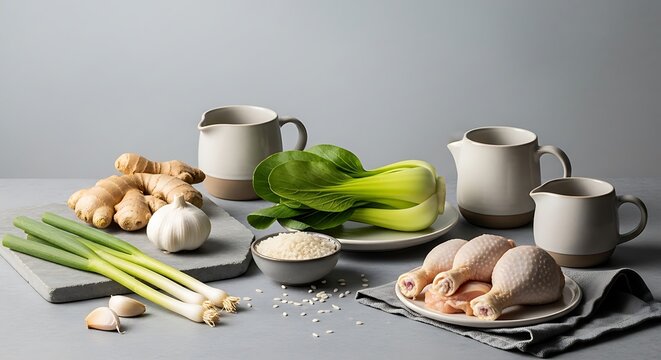 Fresh ingredients for chifa cooking featuring bok choy, chicken, ginger, garlic, and rice on a minimalist kitchen table set for culinary preparation