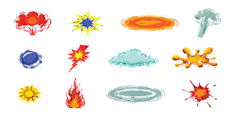 Set of colorful comic book explosion and action effect icons © vintage style
