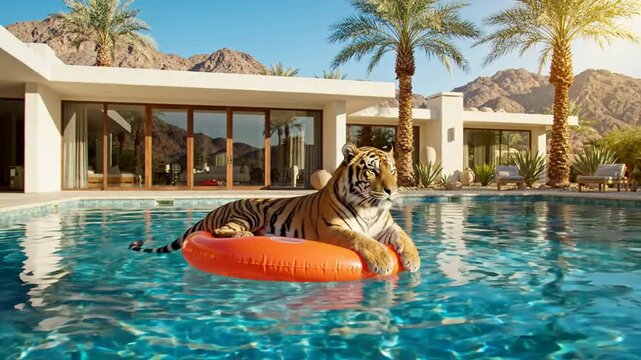 Tiger relaxing on orange inflatable ring in luxury desert swimming pool villa