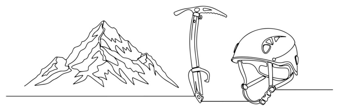 Mountain peak with ice axe and climbing helmet in continuous one line art style