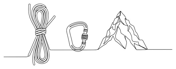 Climbing rope with carabiner and mountain peak in continuous one line art style © Mago