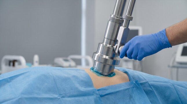 Clinician positioning shock wave lithotripsy applicator on patient&rsquo;s abdomen with gel in clinic, concept of noninvasive stone treatment and urology care.