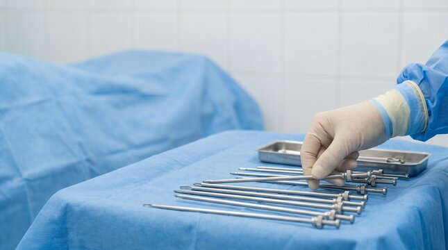 Surgeon arranging sterile laparoscopic trocars and cannulas on blue drape in operating room, concept of minimally invasive surgery preparation and instrument setup.