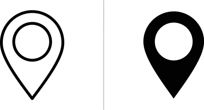 Outline and solid map pin icons in contrasting white and black on a split background