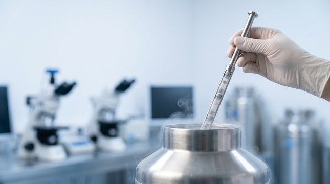 Clinician retrieving cryogenic sample cane from liquid nitrogen dewar in fertility lab, concept of IVF cryopreservation, biobank storage and reproductive medicine.