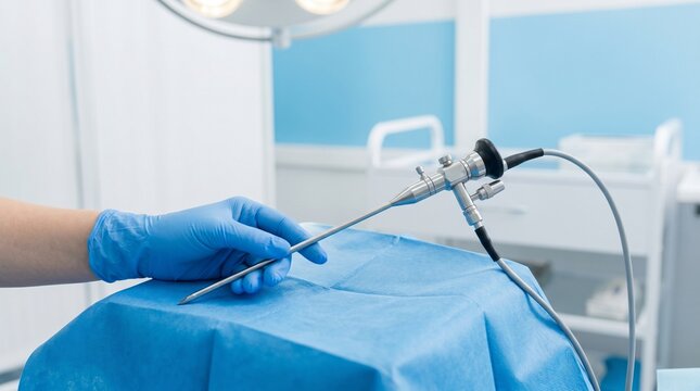 Clinician holding rigid laparoscope on sterile blue drape in operating room, concept of minimally invasive surgery, laparoscopy and endoscopic procedures.