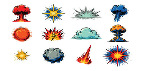 Set of colorful comic book explosion and blast effect icons © vintage style