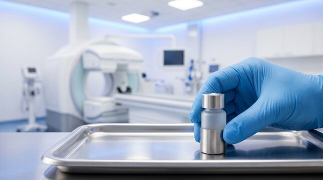 Clinician holding shielded radiopharmaceutical vial on sterile tray in imaging suite, concept of nuclear medicine, PET CT tracer preparation and diagnostic oncology care.