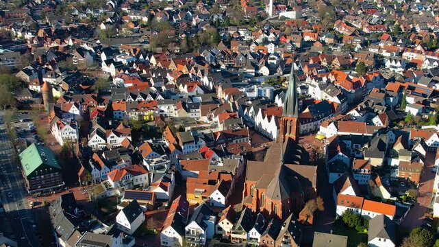  Aerial view beside the old town above the city Haltern am See in Germany, on a sunny noon in autumn.