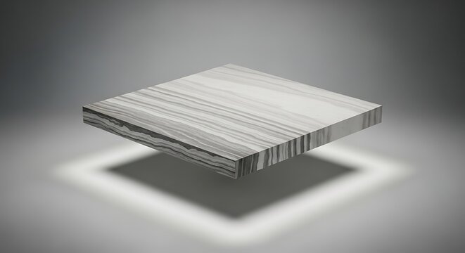 A floating slab of natural stone featuring a layered pattern resembling cimento queimado in a minimalist architectural studio environment with soft lighting