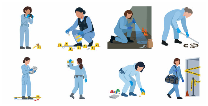 Set of female forensic investigators at crime scene. Professional women collecting evidence, taking photos, and analyzing clues. CSI team character illustrations isolated on white background.