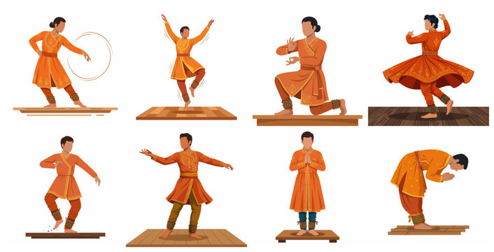 Set of Male Kathak Dancers Performing Indian Classical Dance in Traditional Costumes