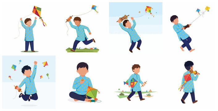 Indian Boy Character Set Flying Kites and Celebrating Makar Sankranti Festival in Traditional Kurta Outfit
