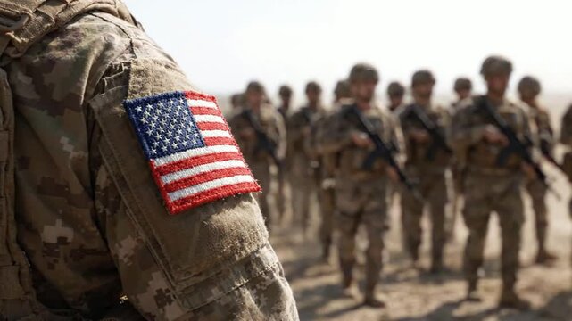 Us army soldiers marching in formation with american flag patch on uniform military troops infantry