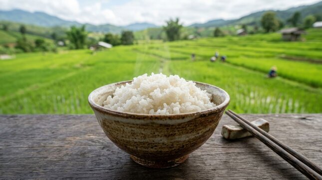 Steaming Bowl of Rice in Front of Lush Green Rice Terraces.