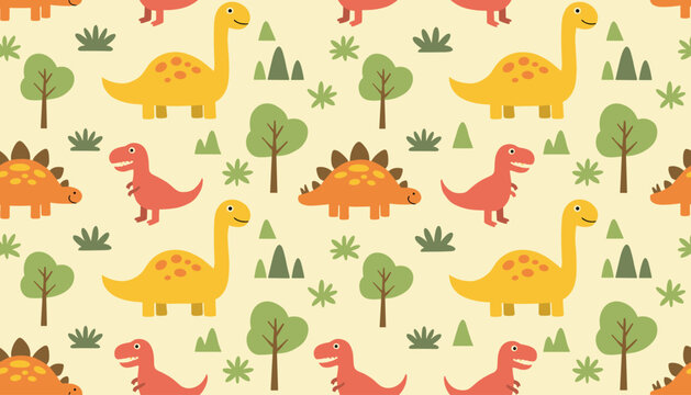 Seamless pattern with cute colorful dinosaurs and trees t rex dinosaur
