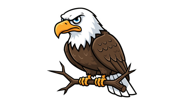 Grumpy bald eagle perched on a tree branch with predator wildlife illustration