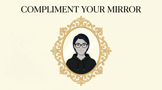 Woman with glasses and black hair complimenting herself in ornate mirror