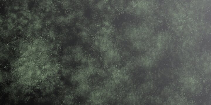 Abstract dark textured background with green scattered speckled particles creating an organic grunge surface. Gradient transitions from dense, dark detail on the left to green tones