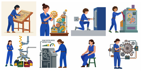 Fototapeta premium Set of vector illustrations showing women in blue jumpsuits managing financial automation, savings, and economic growth through gear systems and industrial machinery metaphors.