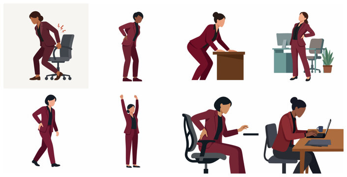 Set of businesswomen suffering from back pain and poor posture in office, sedentary lifestyle health issues, ergonomics and work-related injury vector illustrations