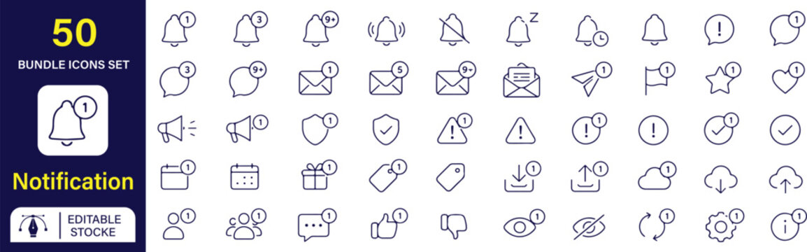 Notification Vector Outline Icons Set &ndash; Editable alert, reminder, warning, message notification, bell icon, system alert, push notification and System Notification Line Symbols Collection