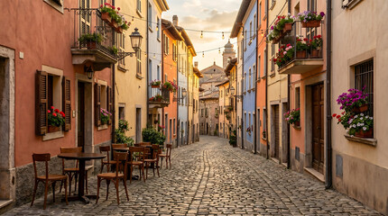 Obraz premium Charming European cobblestone street, pastel buildings with iron balconies, empty cafe tables, warm golden afternoon light