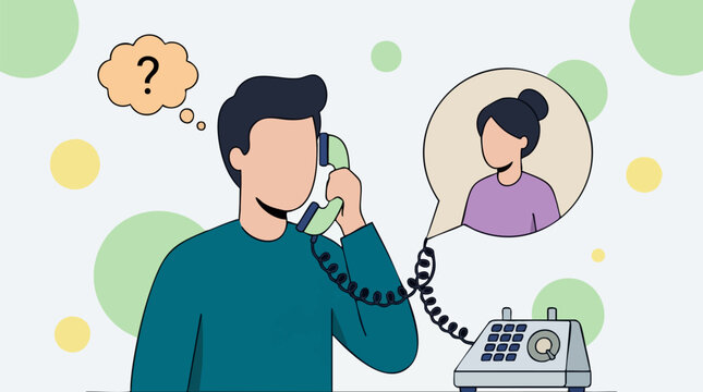 Illustration of a man on a telephone call, expressing confusion or asking a question