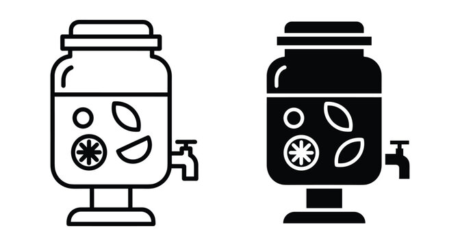 Beverage dispenser icon set with fruit infused water lemonade container glass jar with tap spigot and lid for catering events