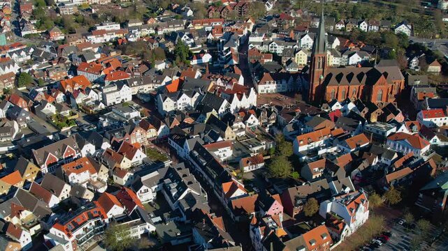  Aerial view beside the old town above the city Haltern am See in Germany, on a sunny noon in autumn.