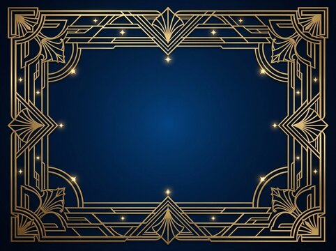 Elegant art deco gold frame on navy blue background featuring geometric lines and sparkling stars for luxury invitations or premium branding design with classical vintage style.