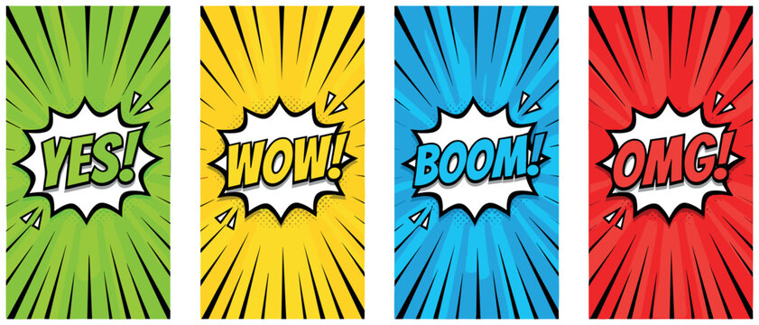 Comic Book Style Vertical Banners Set with Expression Words Speech Bubbles and Pop Art Sunburst Backgrounds for Social Media Stories Ads