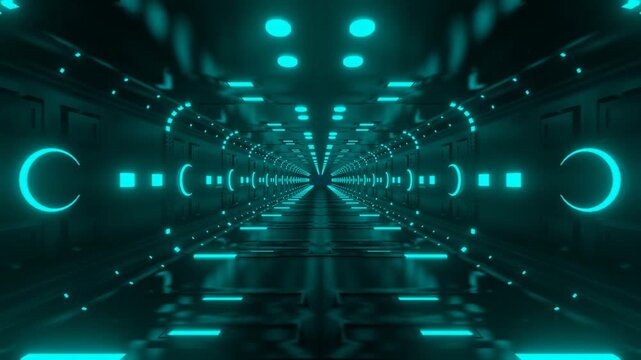 Futuristic hightech corridor with glowing blue lights and geometric patterns extending into infinity