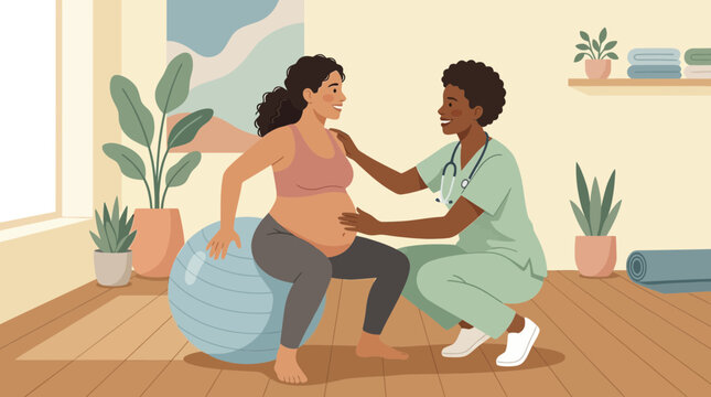 Pregnant Woman In Labor With Midwife Support on Fitness Ball