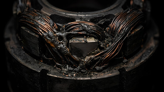 Creative Damaged electric motor, burnt wires, industrial machinery failure, close-up 4K
