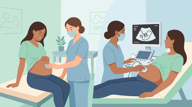 Pregnant Woman Ultrasound Exam, Nurse Performing Scan, Medical Care