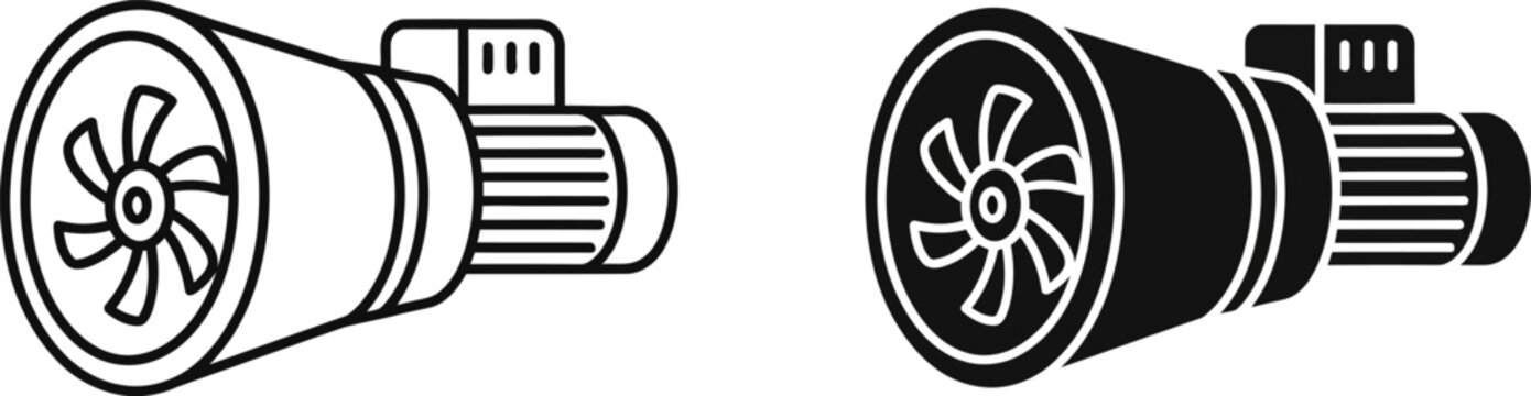 Industrial ventilation fan with electric motor on white background clean outline and solid fill versions