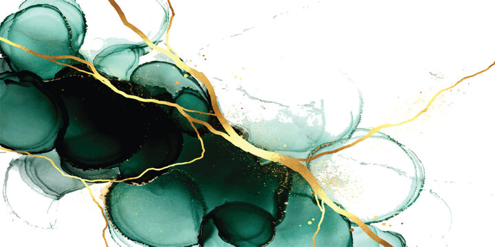 Abstract alcohol ink art with dark green and teal splashes and elegant golden lines
