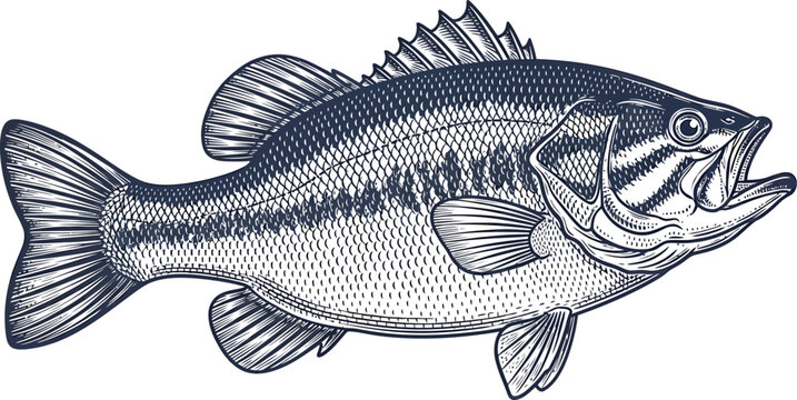 Engraved largemouth bass illustration vintage style aquatic wildlife artwork for fishing and outdoor recreation designs