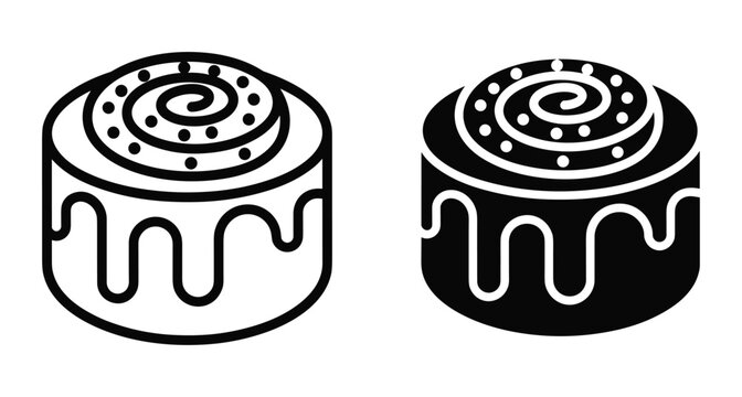 Cinnamon roll icon set featuring sweet pastry bun with dripping icing glaze and spiral sugar topping for bakery menu design