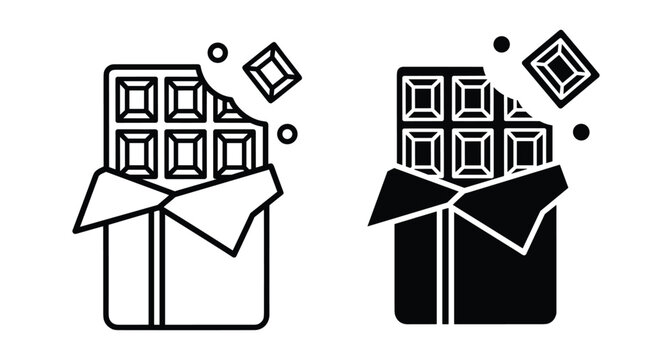 Chocolate bar icon set with bitten piece and open wrapper in outline and solid black style for food design projects