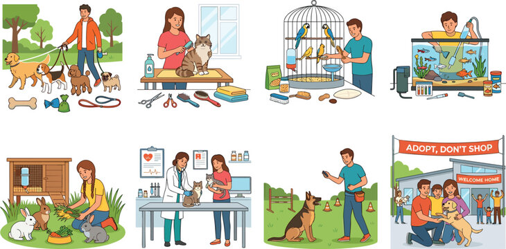 Vector illustrations of people caring for pets including dog walking grooming veterinary clinic and adoption set