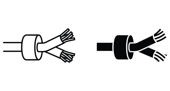 Electrical cable wire stripping icon set showing internal copper strands and insulation for industrial maintenance power supply and electrical repair