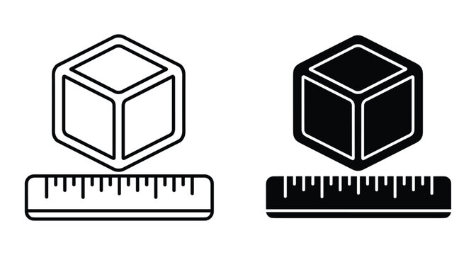 3D cube dimension measurement icons with ruler showing size scale and geometric volume for design engineering architecture and technical drawing projects
