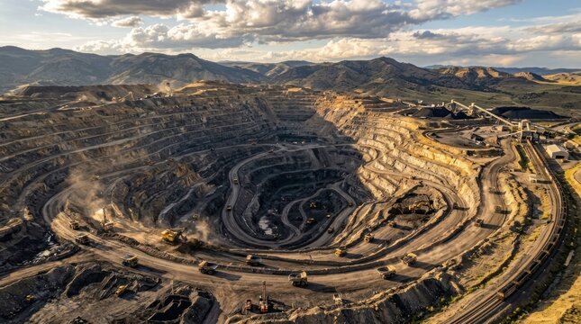 Vast Open Pit Mine Excavation with Terraced Layers and Mountainous Backdrop.