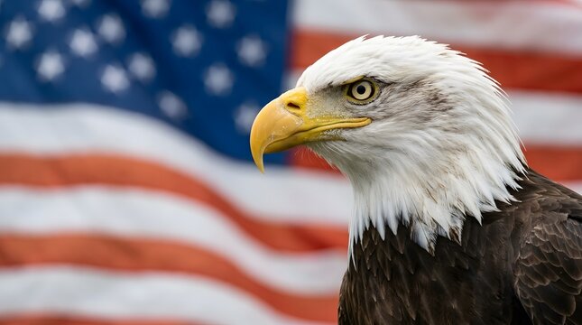 Bald eagle in front of american flag background closeup profile view
